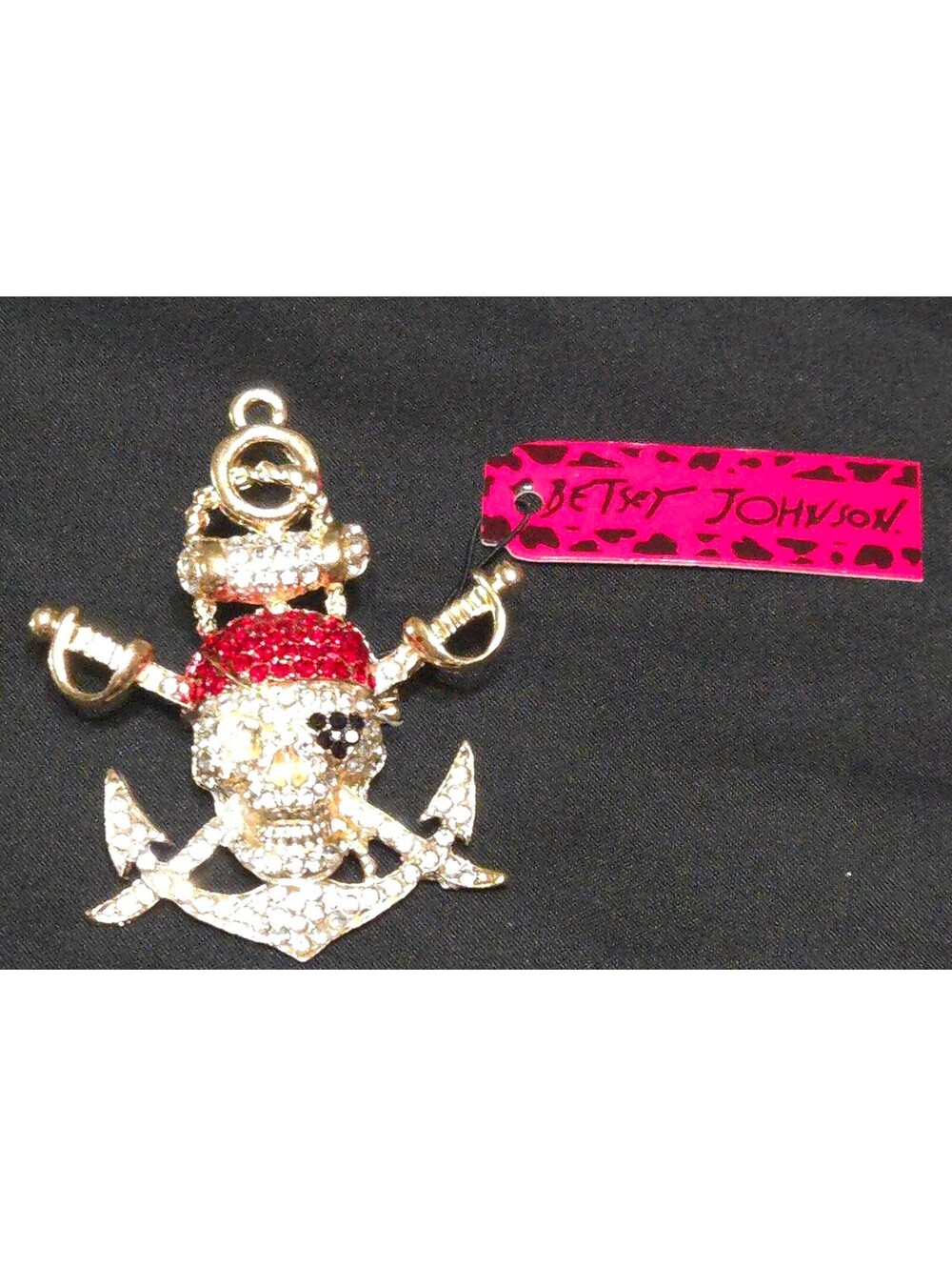 Betsey Johnson NWT Pirate Skull Anchor Rhinestone Brooch Pin Red Crystal